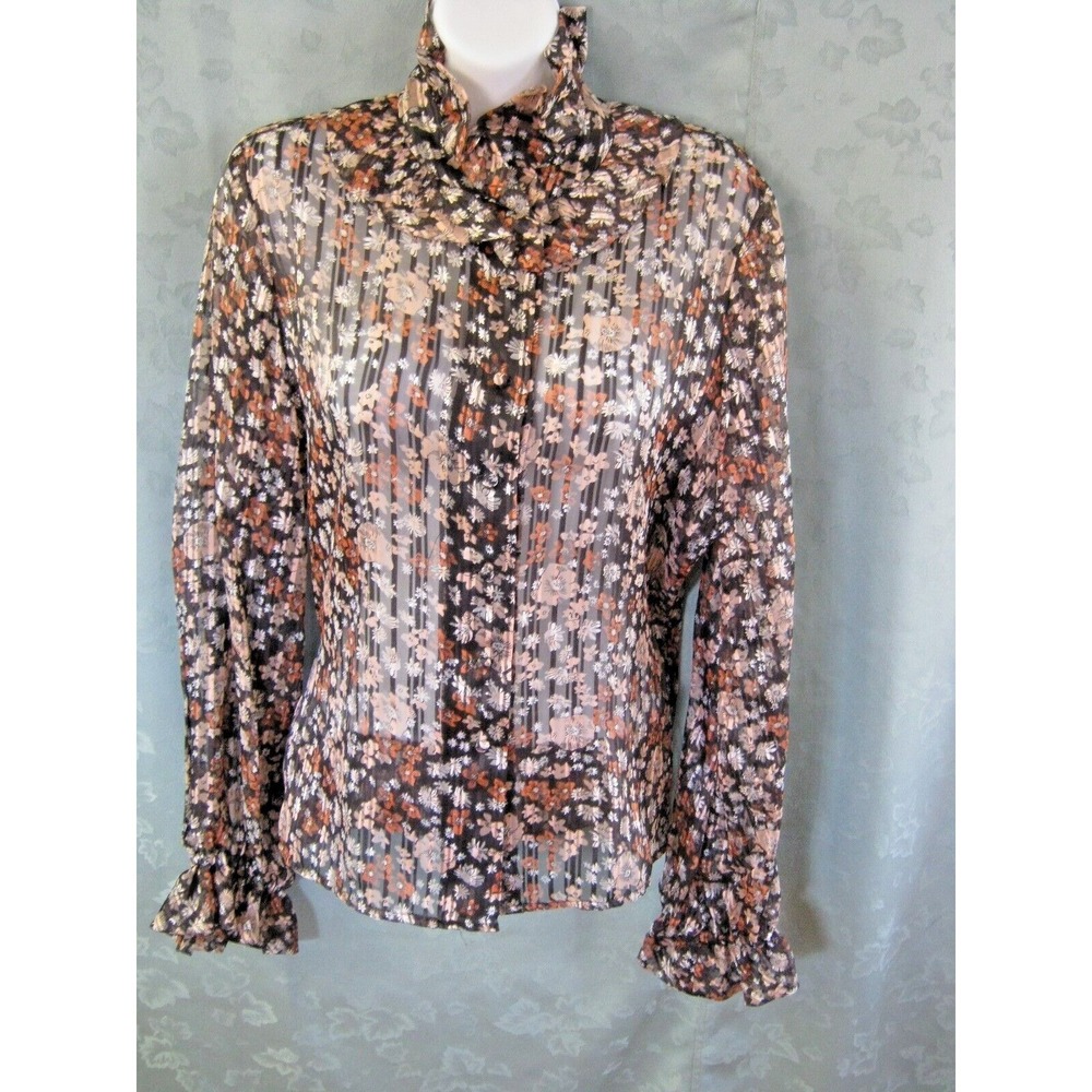 VTG Malbe Blouse Size 15  /  16 Floral Print Sheer Stripe Ruffled Collar Top